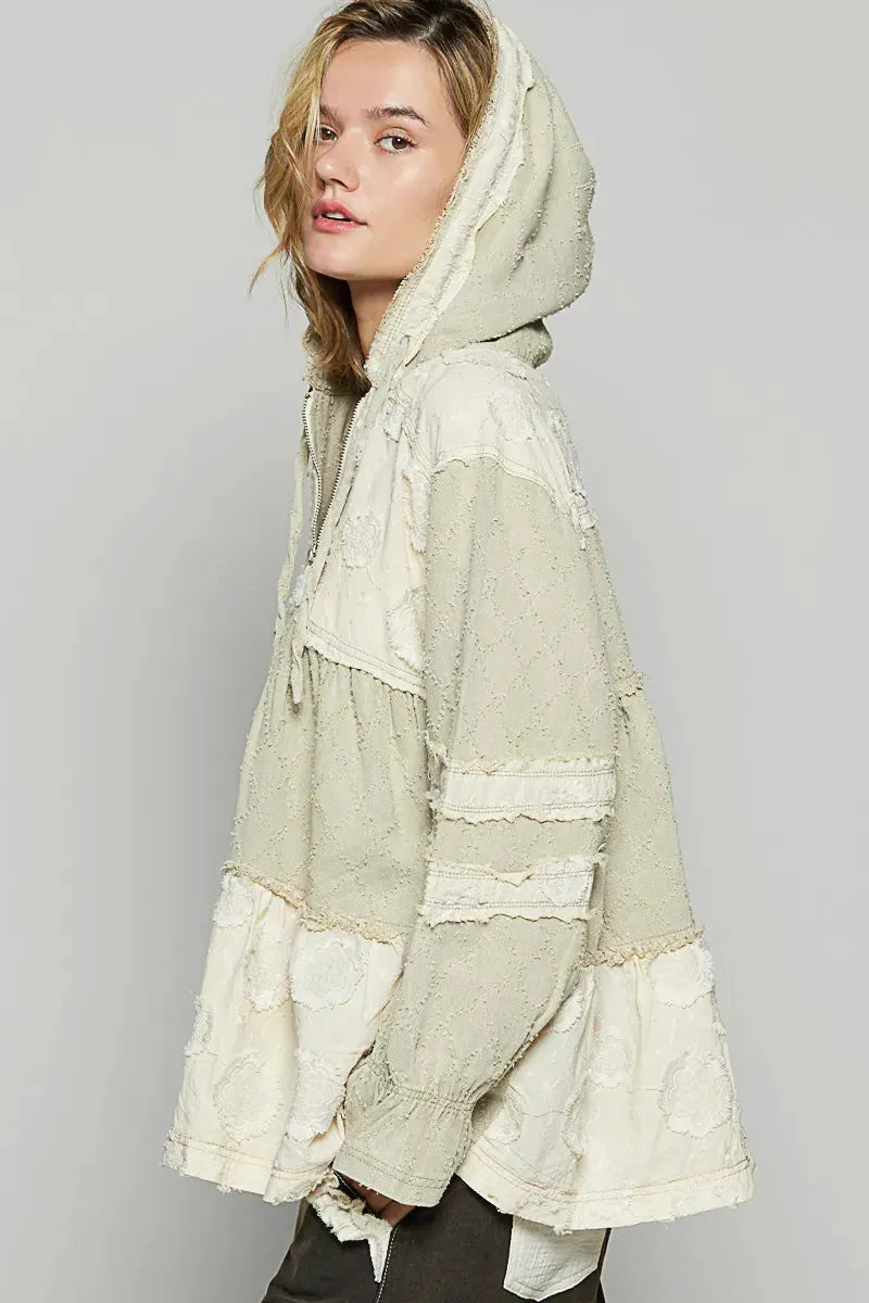 POL Raw Hem Color Block Hooded Jacket by POL
