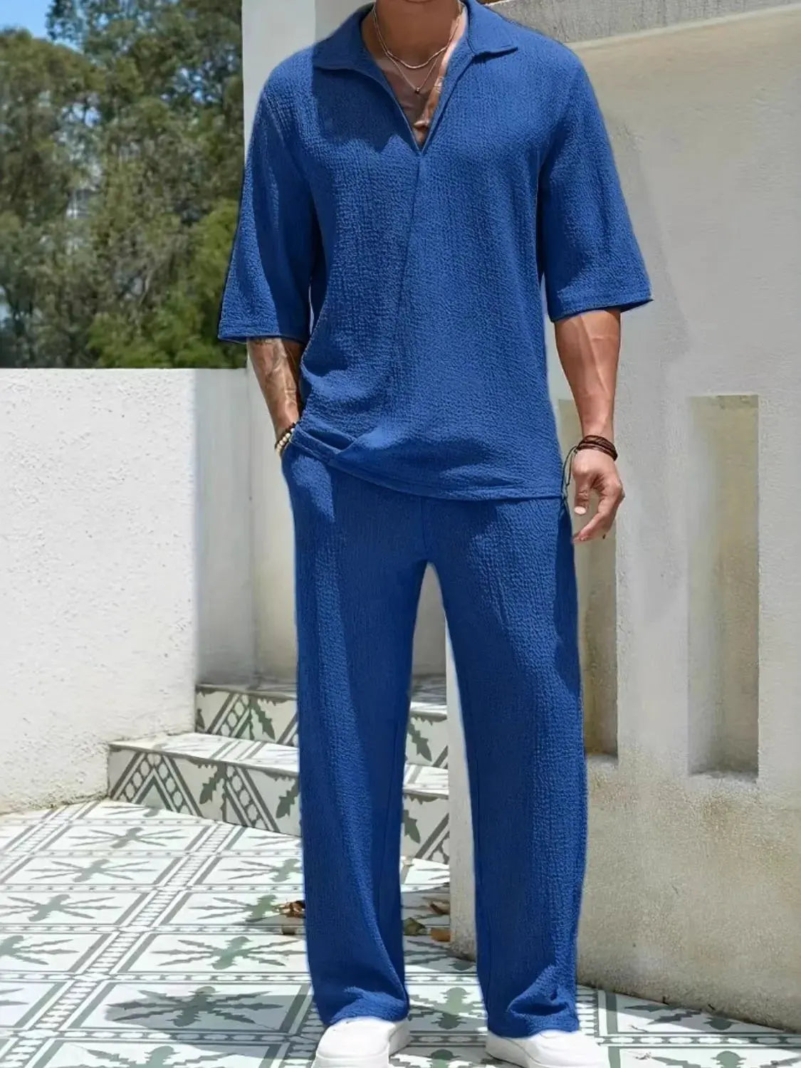 Men's Johnny Collar Half Sleeve Top and Pants Set by Oh