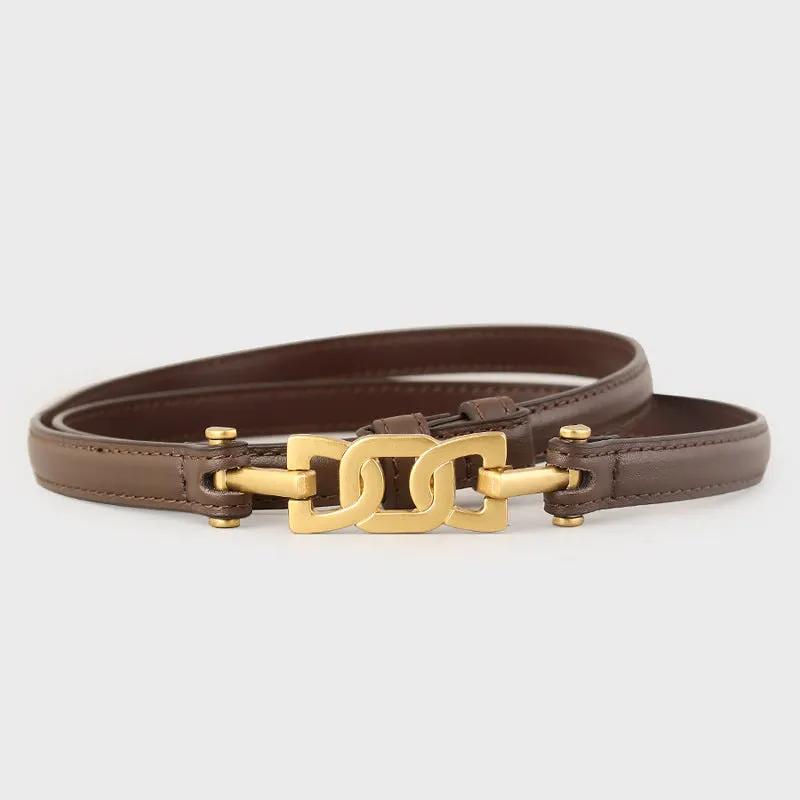 Gold Buckle Skinny Leather Belt by Trendsi