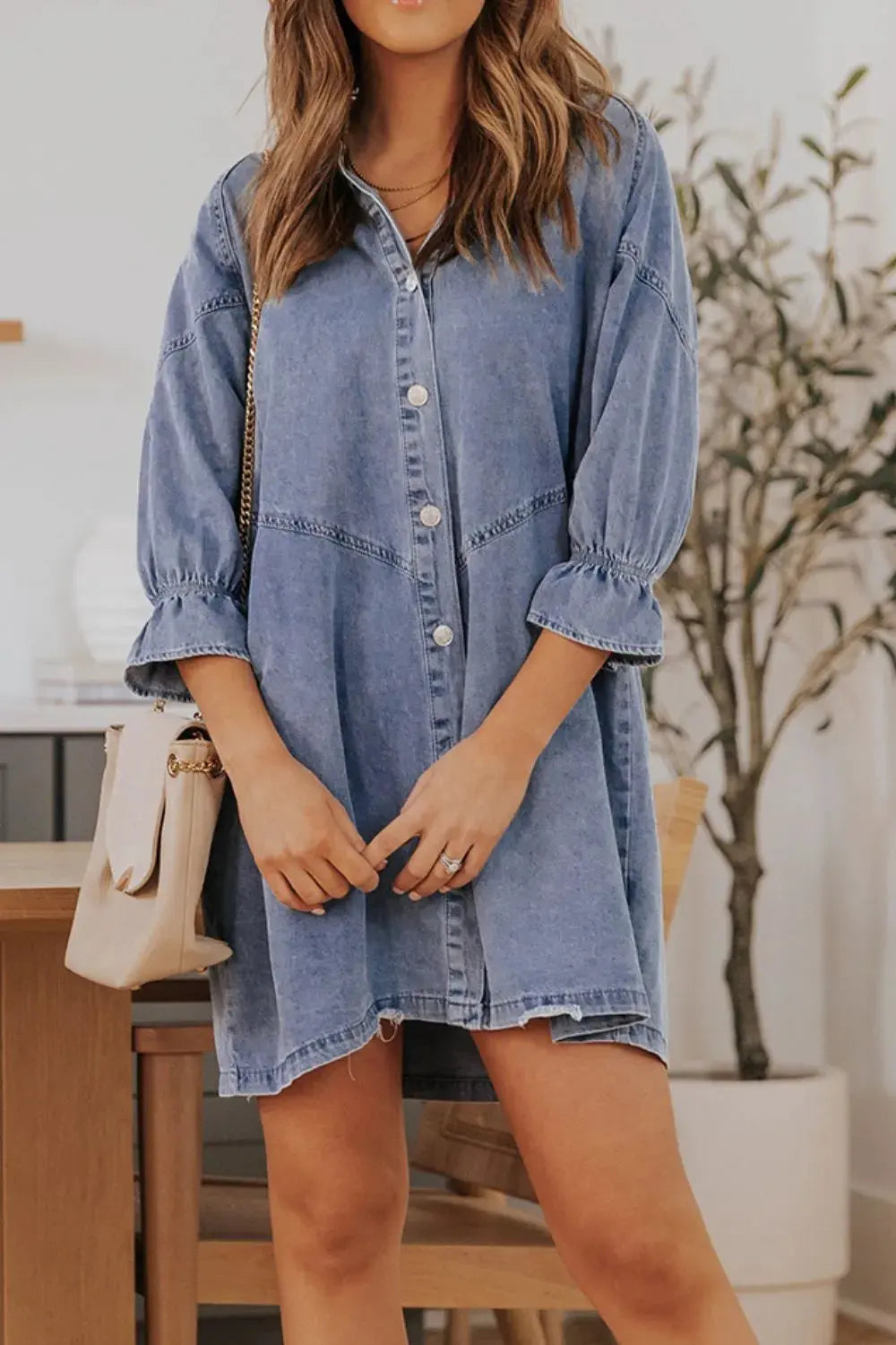 Distressed Collared Neck Flounce Sleeve Denim Dress by Partner Label
