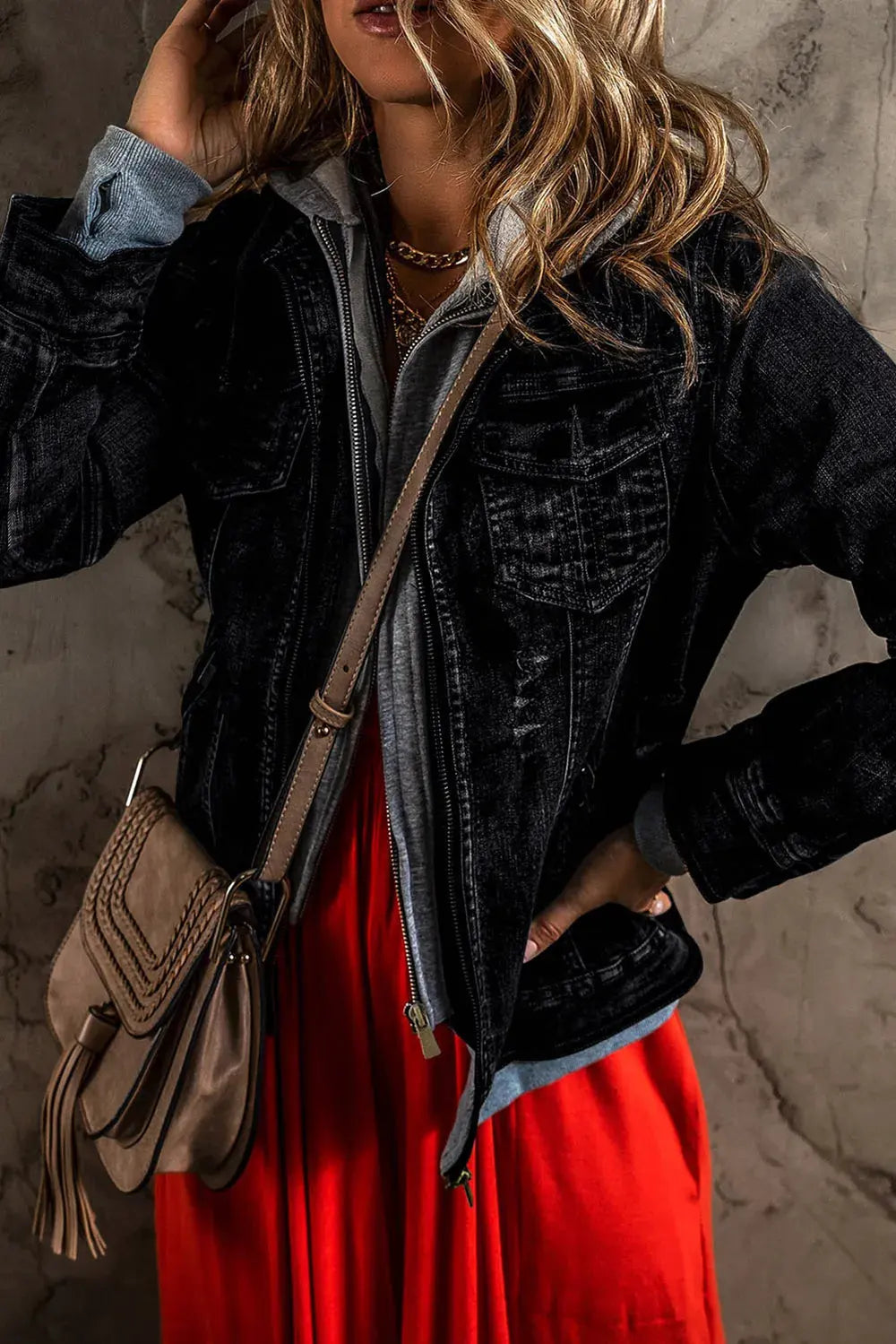 Fake Two-Piece Hooded Zip-Up Denim Jacket by Partner Label