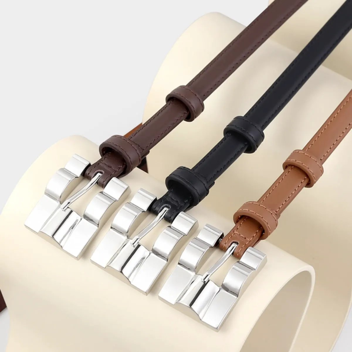 Skinny Leather Belt with Silver Buckle by Trendsi