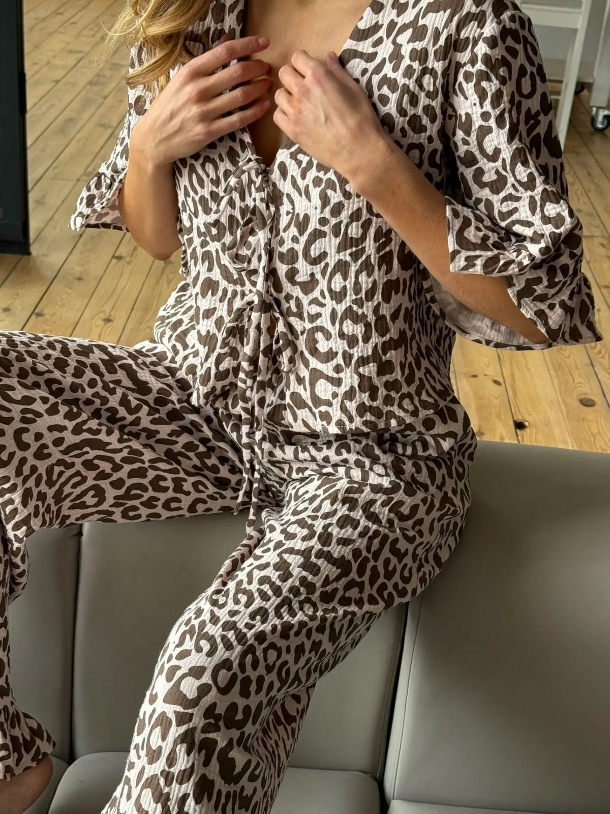 Leopard Print Ruffle Trim and Pants Lounge Set by Partner Label
