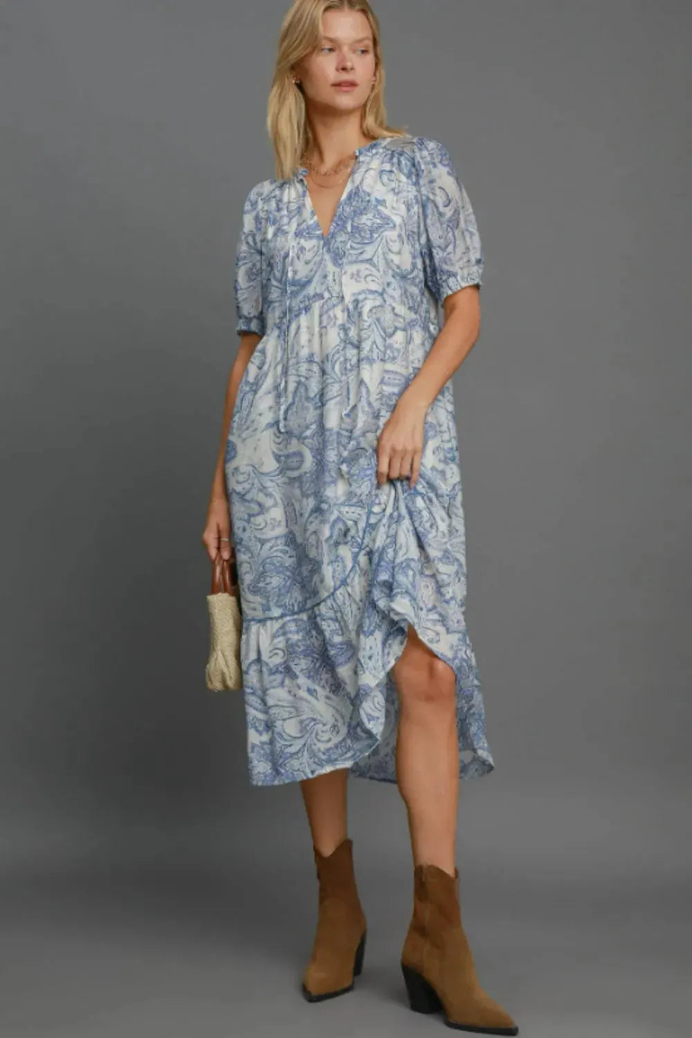 Umgee Full Size Printed Puff Short Sleeve Midi Dress Plus Size by Umgee