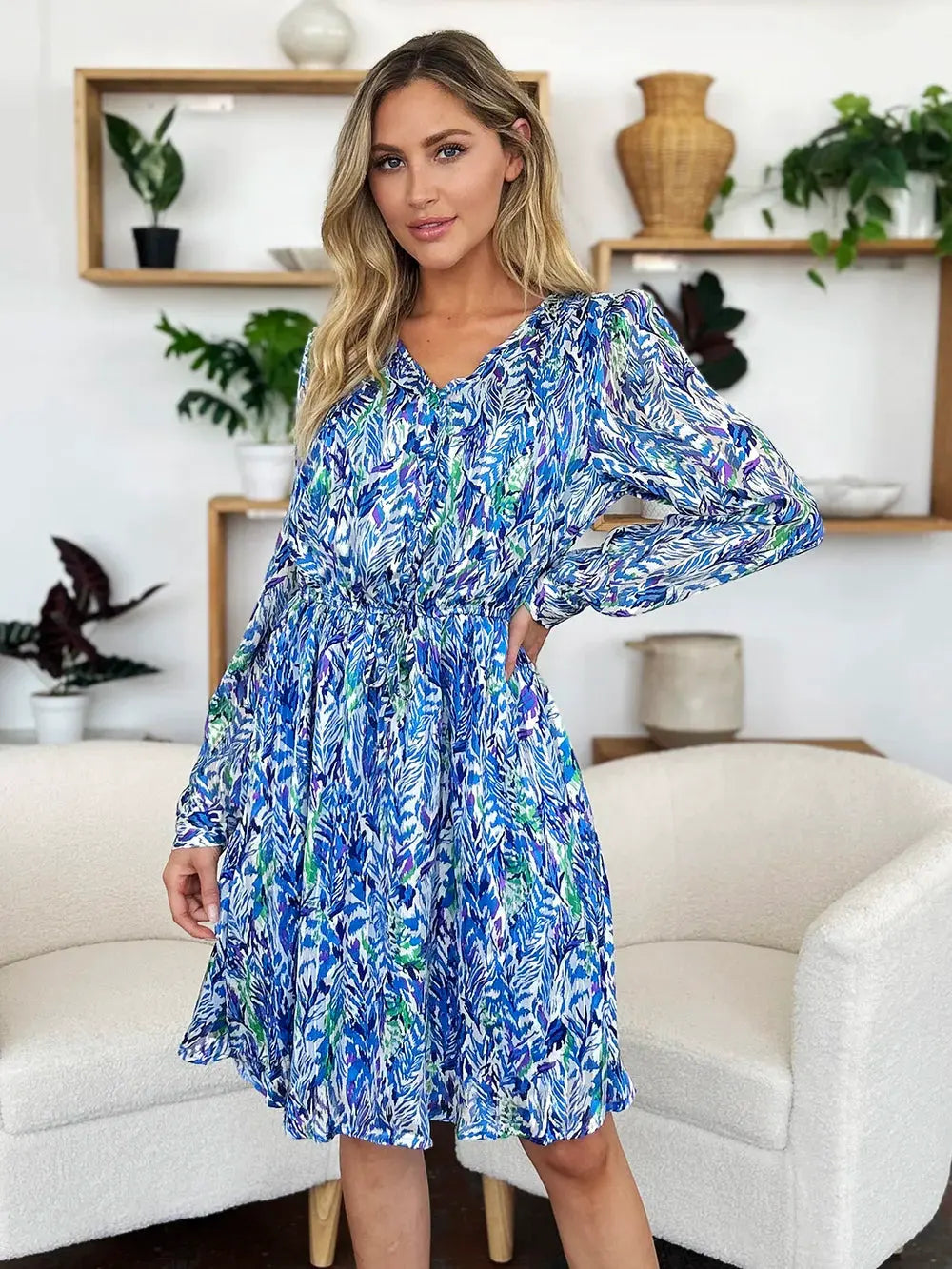 Double Take Full Size Printed Drawstring Waist Long Sleeve Dress by Double Take