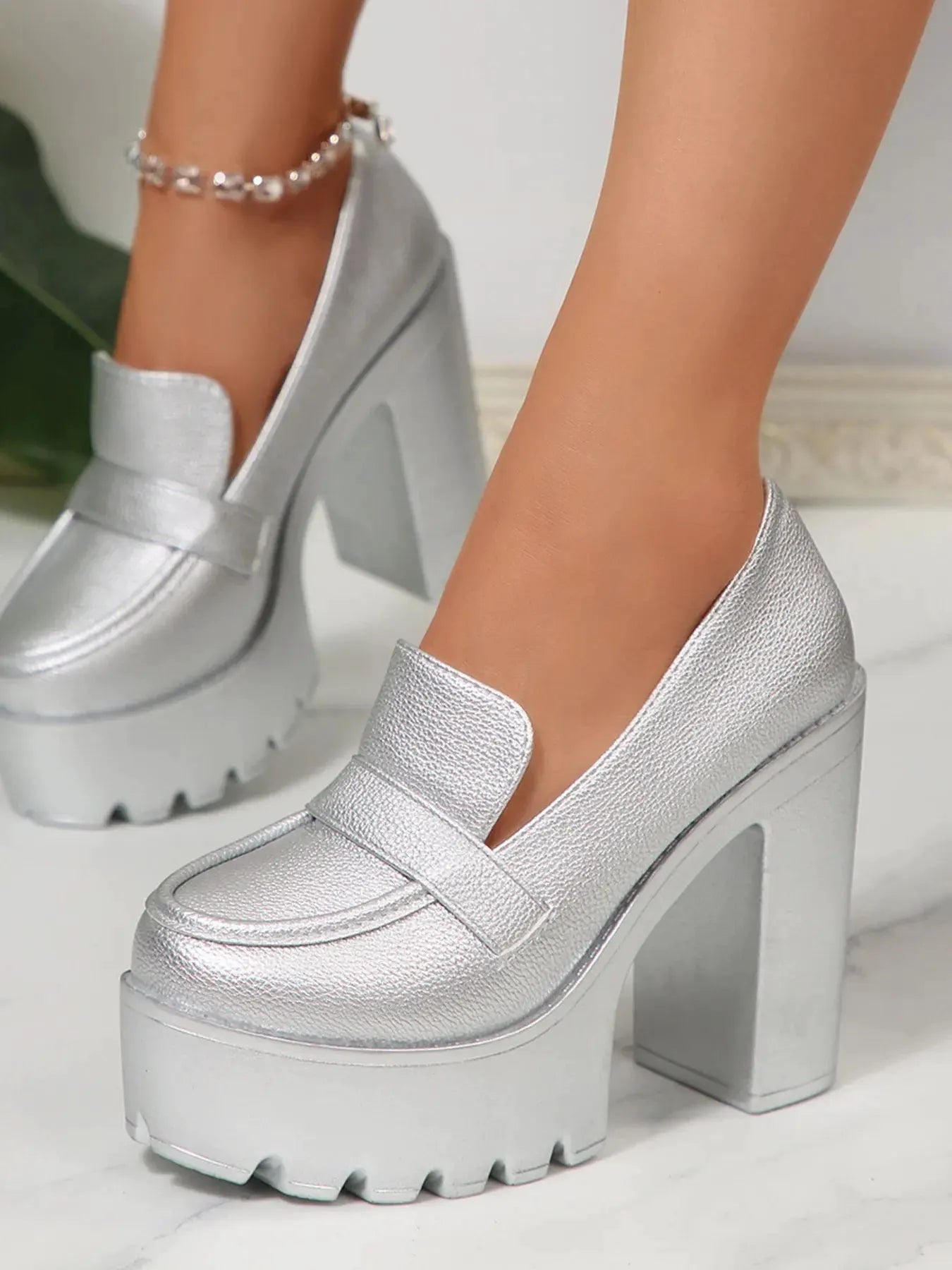 Round Toe Platform Block Heels Pumps by Partner Label