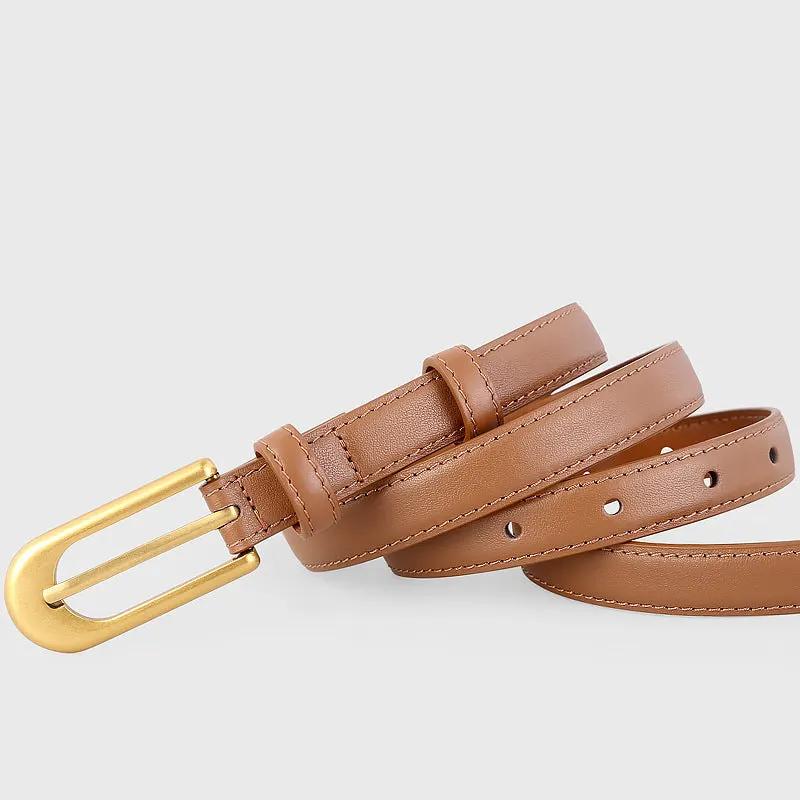 Gold Buckle Skinny Leather Belt by Trendsi