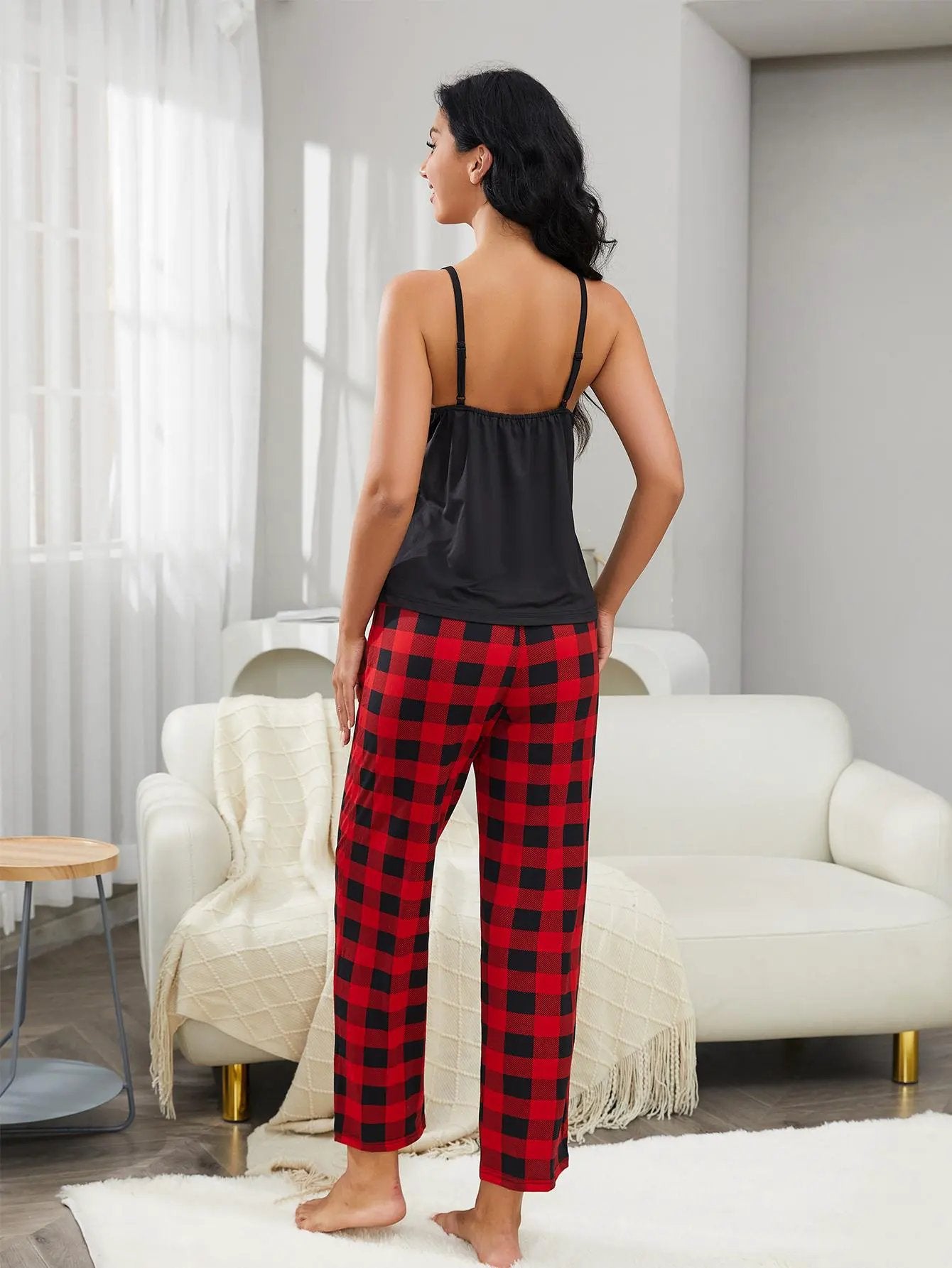 Lace Trim Cami and Plaid Pants Lounge Set by Partner Label