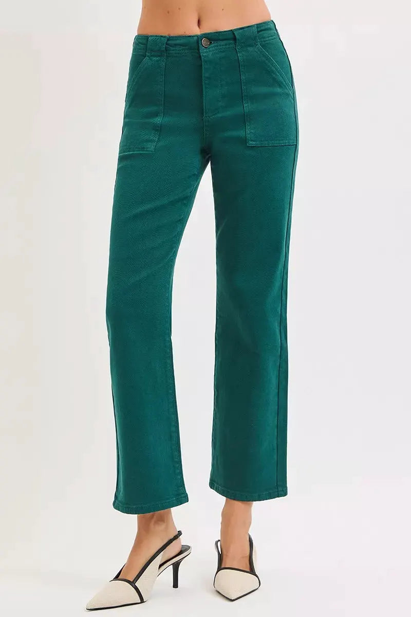 RISEN High Rise Ankle Flare Patch Pocket Jeans by RISEN