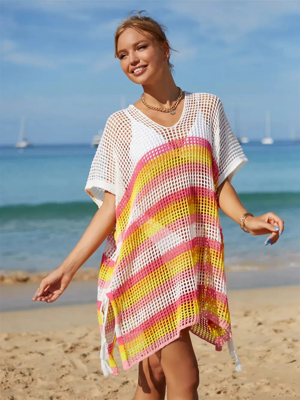 Angel Wings Cutout Striped Cover-Up with Tassel by Partner Labels