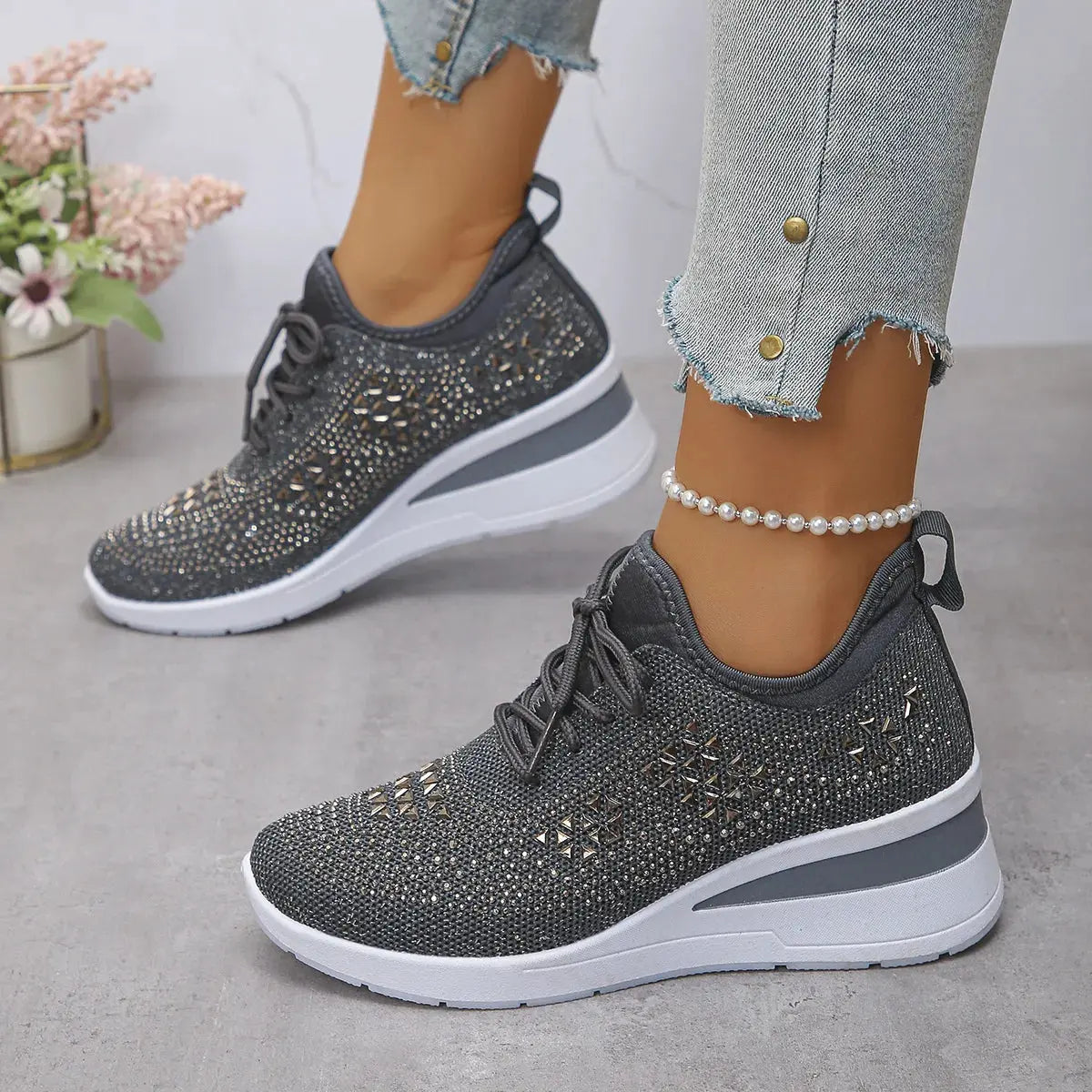 Breathable Mesh Rhinestone Wedge Athletic Sneakers by Partner Label