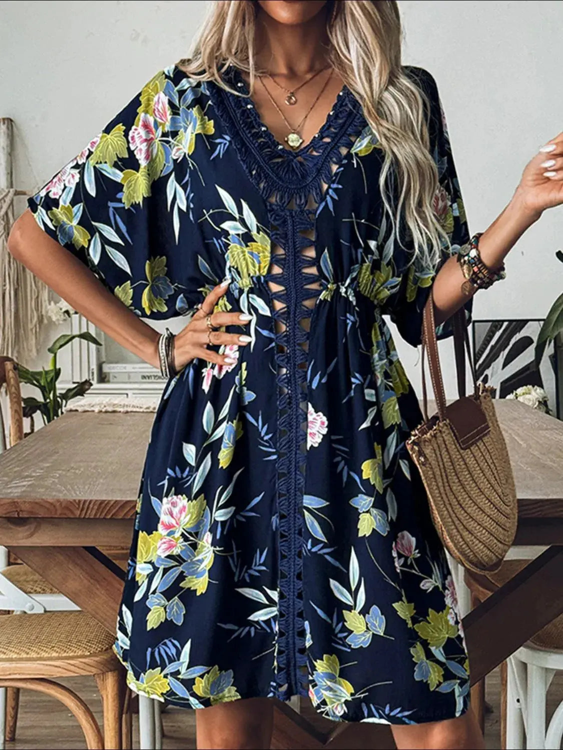 Crochet Front V-Neck Printed Cover-Up by Partner Label