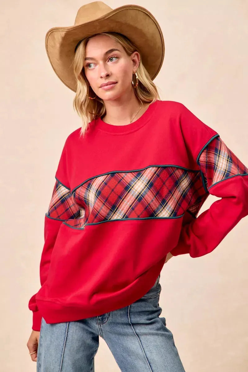 BiBi Christmas Theme Plaid Block Sweatshirt with Binding by BiBi