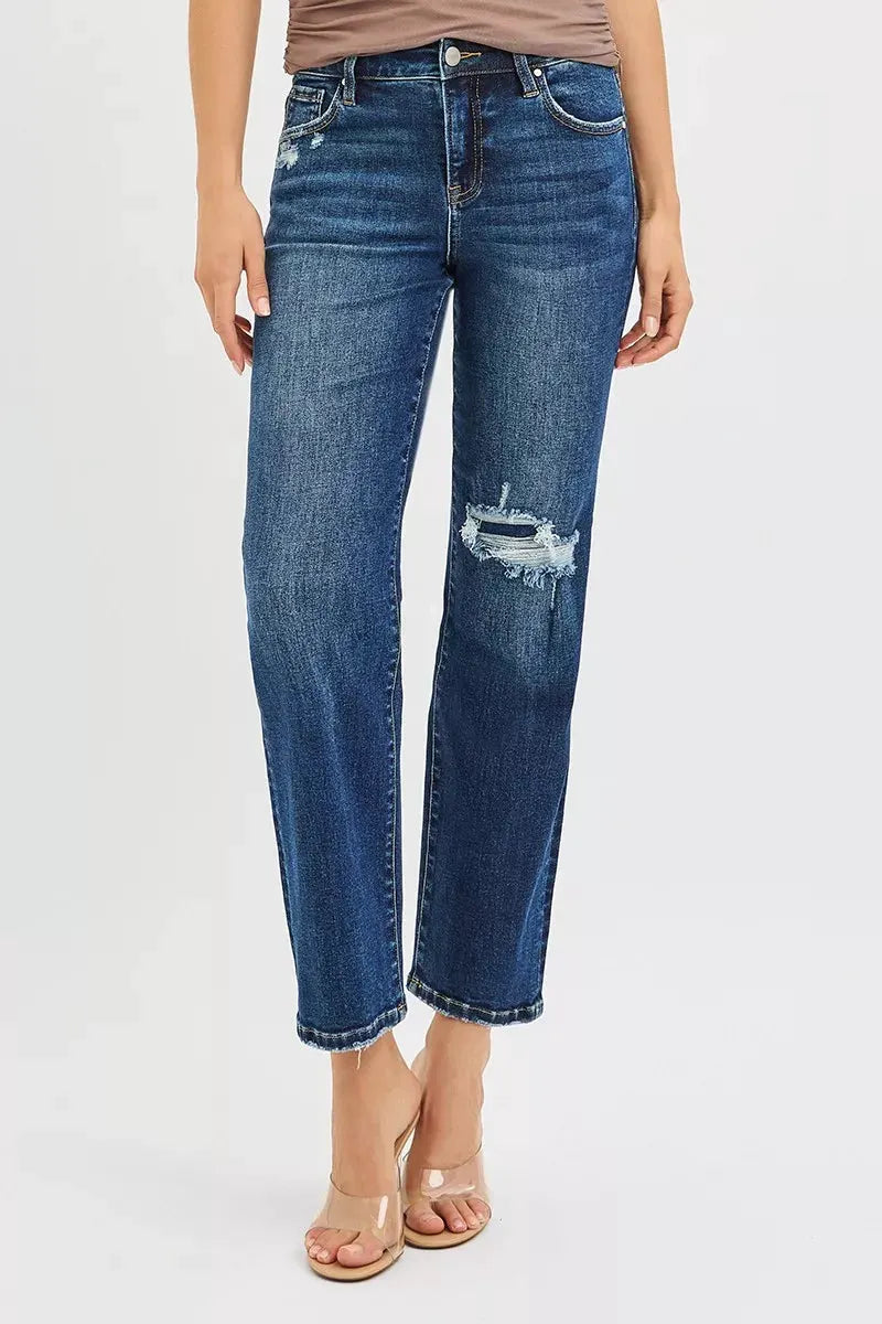 RISEN High Rise Crop Slim Straight Jenas with Hidden Knee Patch by RISEN