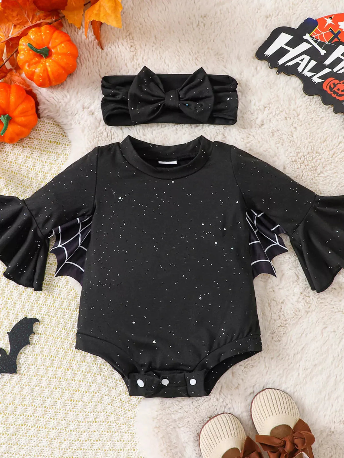 Children's Halloween Spiderweb Print Long Sleeve Bodysuit and Bow Headband Set by Trendsi