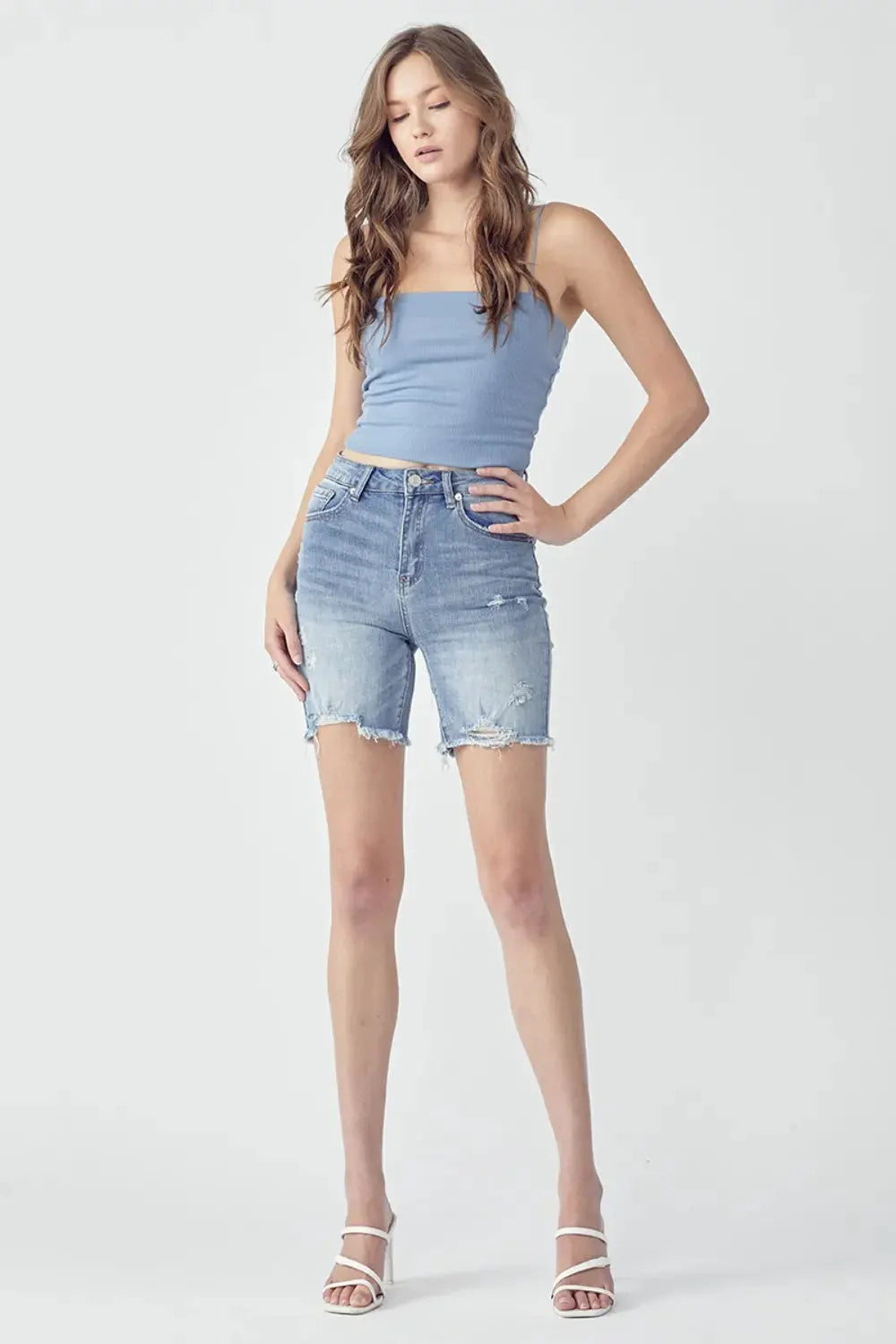 RISEN High Rise Distressed Denim Shorts by RISEN