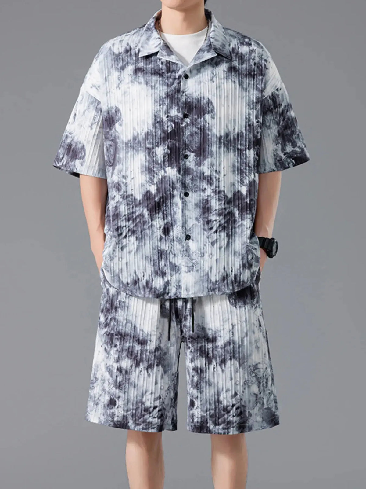 Men's Full Size Tie-Dye Casual Shirt and Shorts Set Plus Size by Trendsi