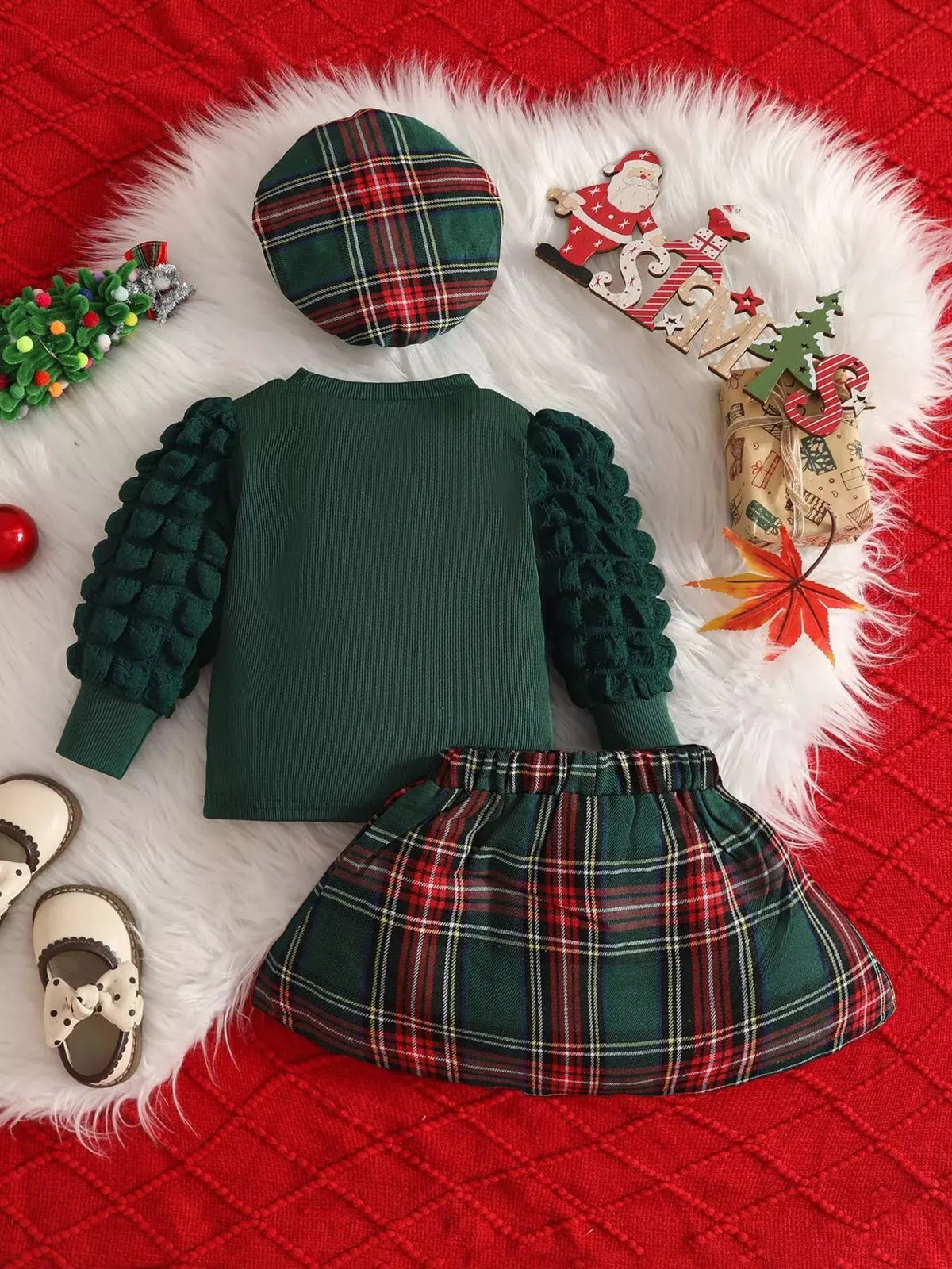 Children's Puff Sleeve Top and Plaid Skirt Set with Hat by Trendsi