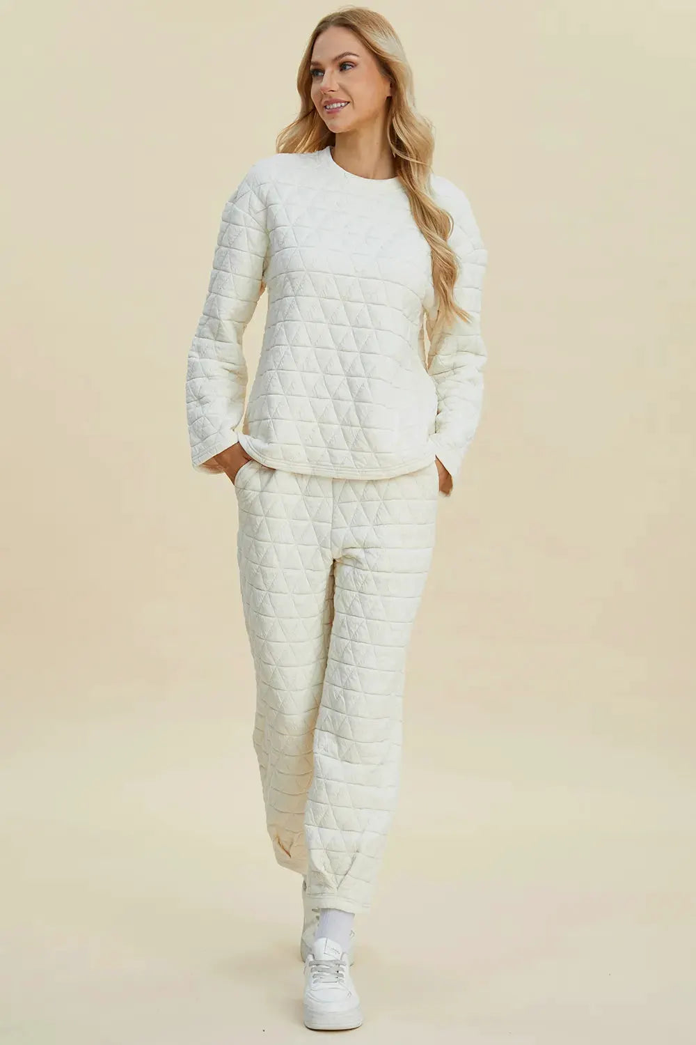 Double Take Full Size Texture Round Neck Long Sleeve Top and Pants Set by Double Take