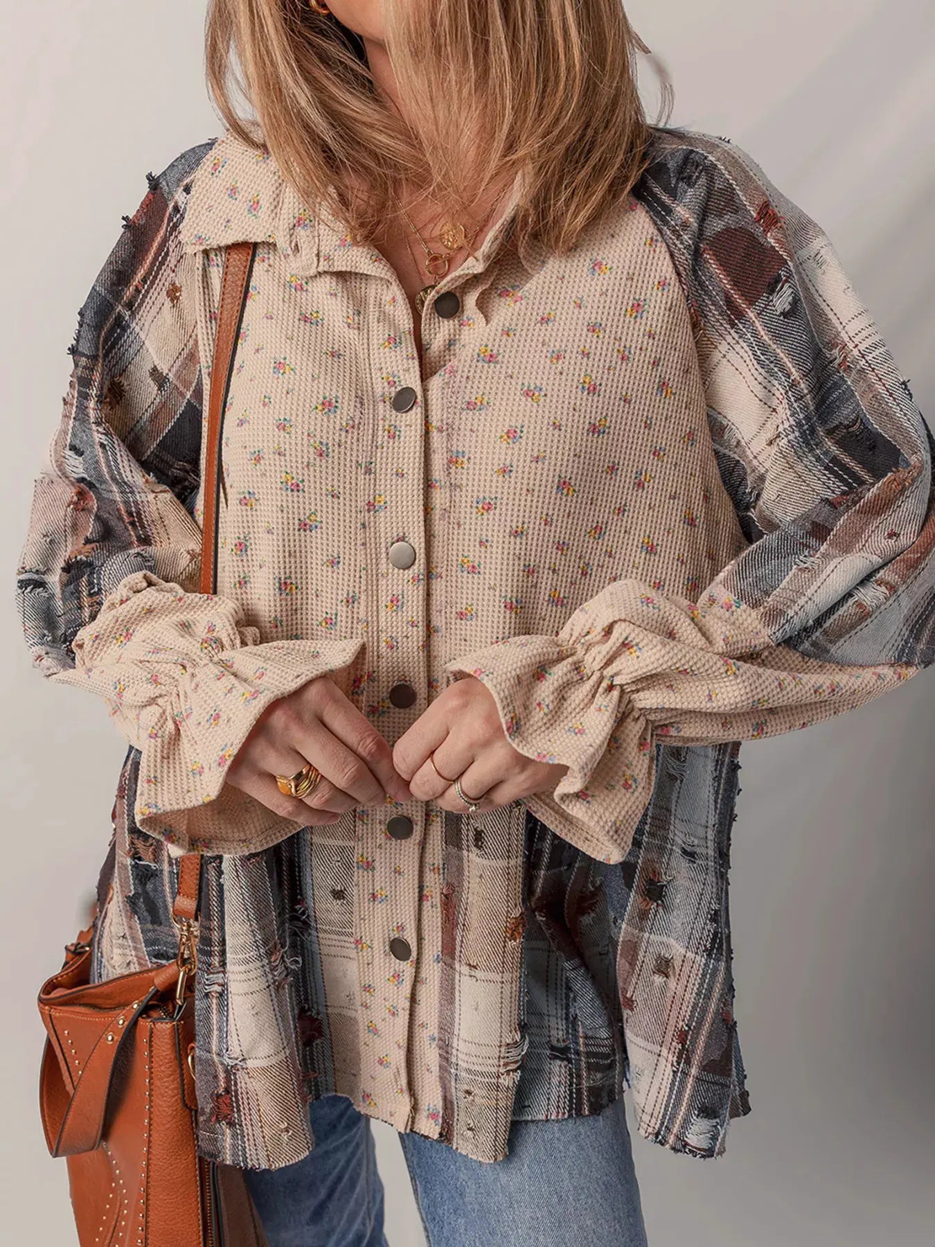 Boho Floral Plaid Patchwork Distressed Detail Ruffled Sleeve Waffle Knit Shacket by Oh