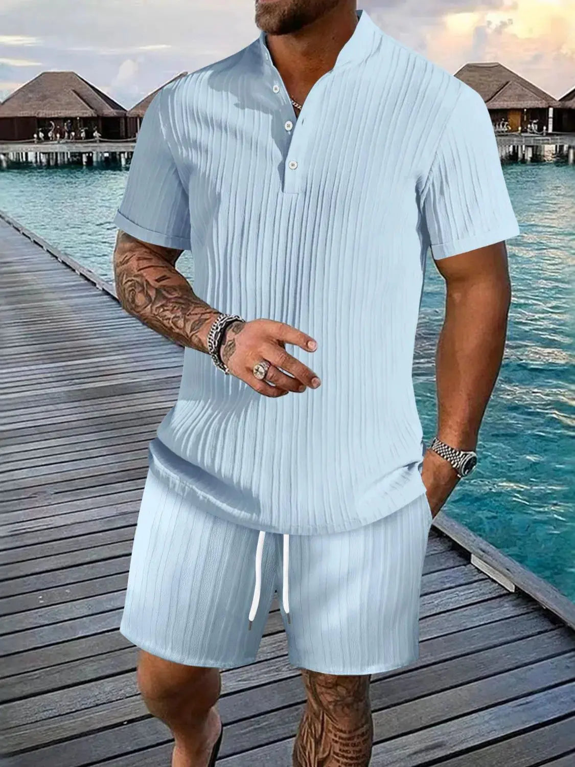 Men's Full Size Button Detail Short Sleeve Top and Shorts Set Plus Size by Trendsi