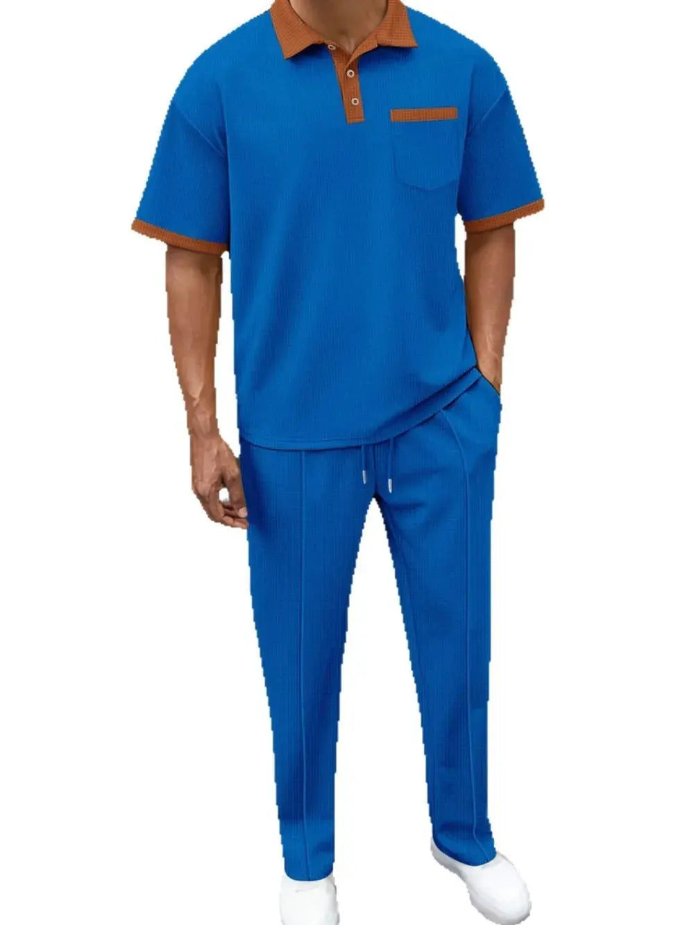 Men's Full Size Waffle-Knit Contrast Polo and Pants Set Plus Size by Trendsi