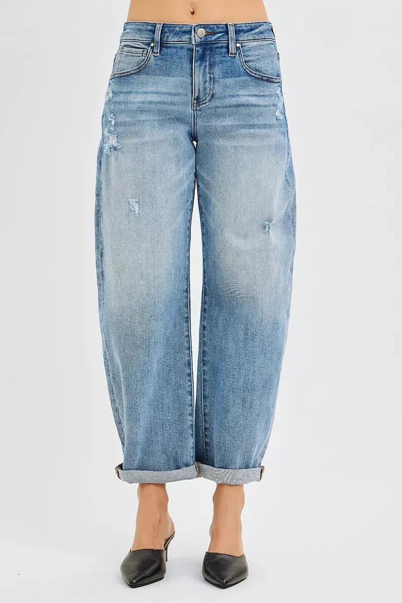 RISEN Full Size Slouchy Ankle Length Barrel Jeans with Cuffs Plus Size by RISEN