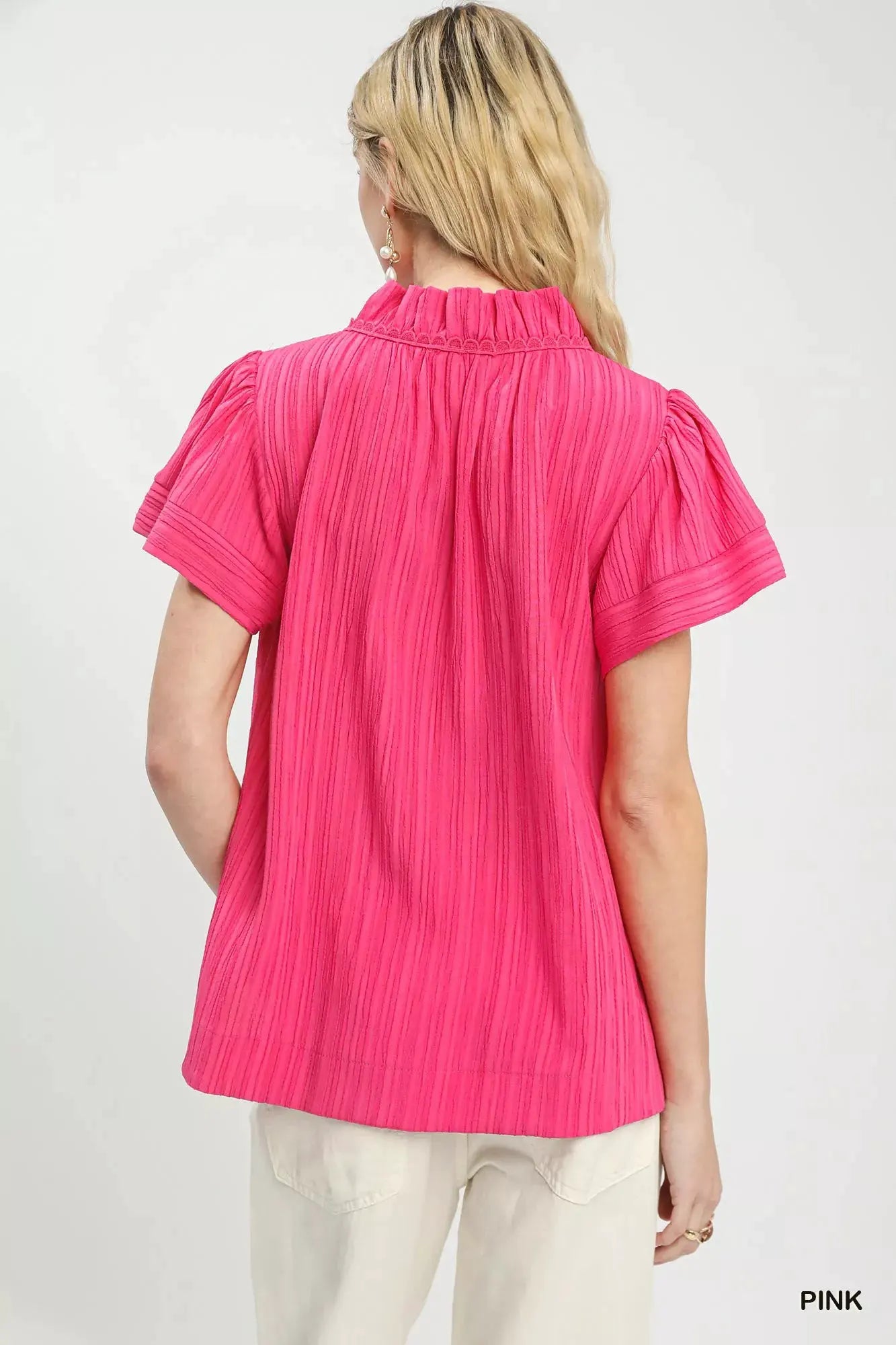 Umgee Texture Flutter Sleeve Notched Blouse by Umgee