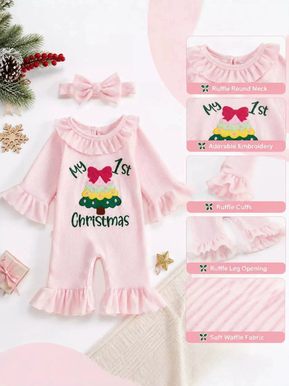 Children's 'My 1st Christmas' Ribbed Ruffle Jumpsuit and Headband Set by Trendsi