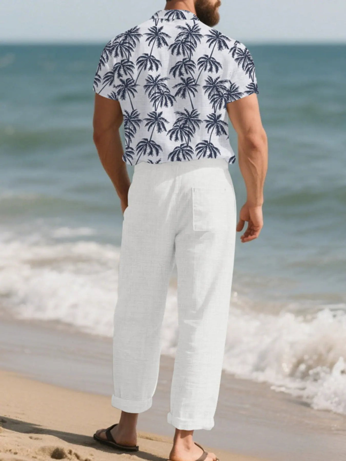 Men's Full Size Tropical Palm Print Button Up Shirt and Pants Set Plus Size by Trendsi