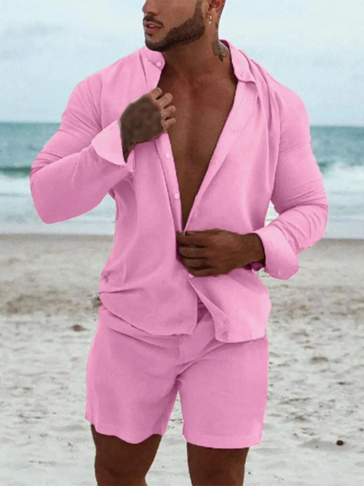 Men's Full Size Button Up Long Sleeve Shirt and Shorts Set Plus Size by Trendsi