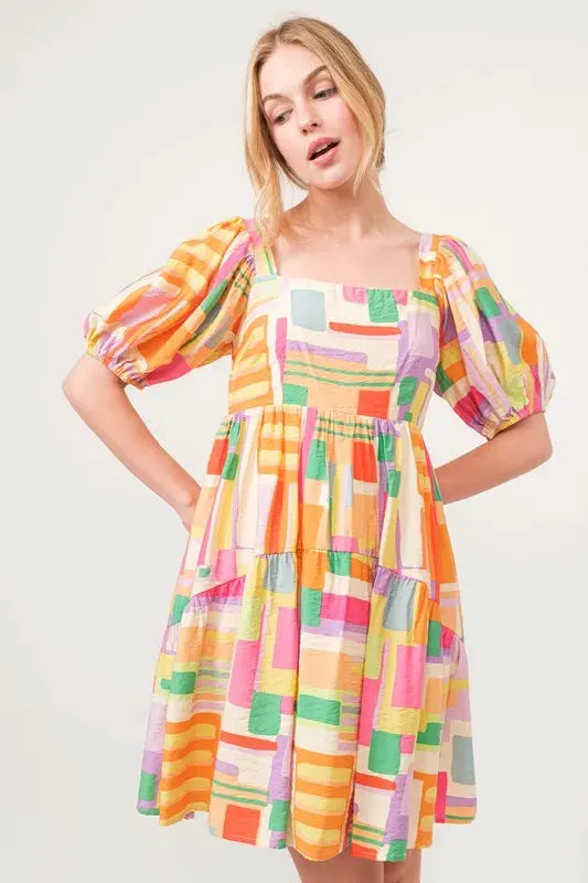 And The Why Square Neck Puff Sleeve Geo Printed Mini Dress by And The Why