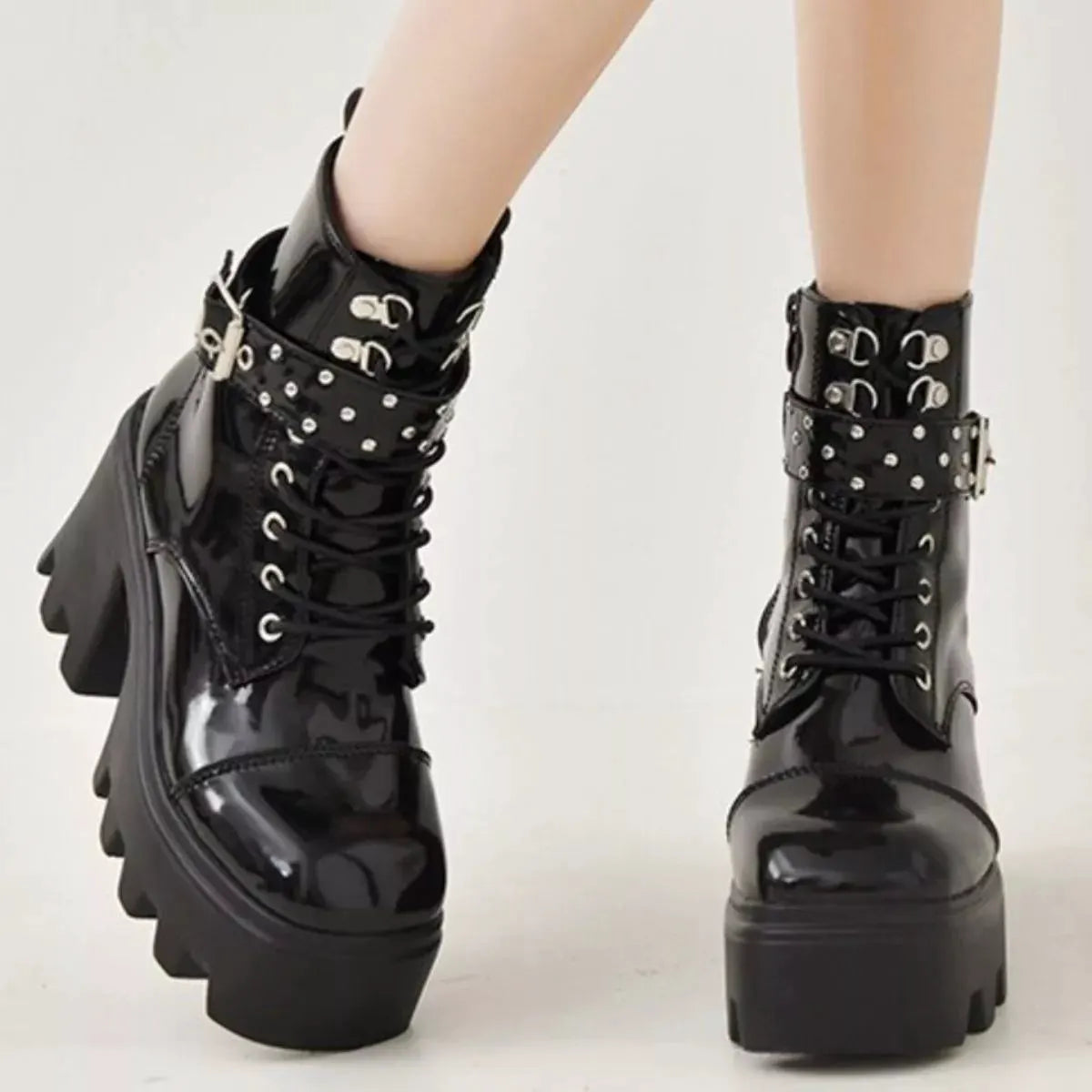 Platform Ankle Boots with Buckle and Studded Detail by Partner Label