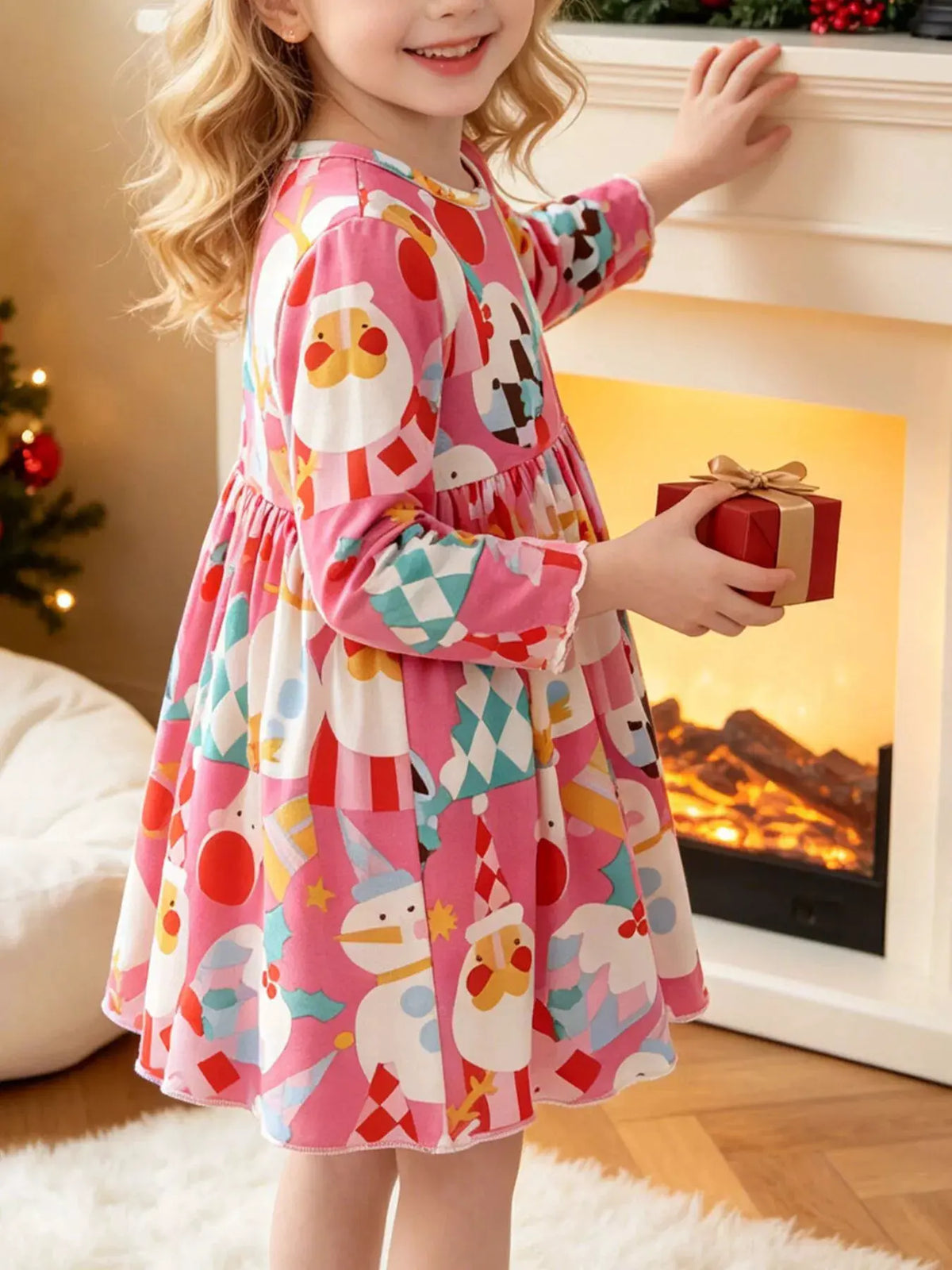 Children's Christmas Print Long-Sleeve A-Line Dress by Trendsi