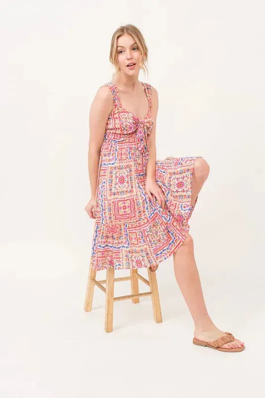 And The Why Tied Front Smocked Back Tiered Boho Printed Dress by And The Why