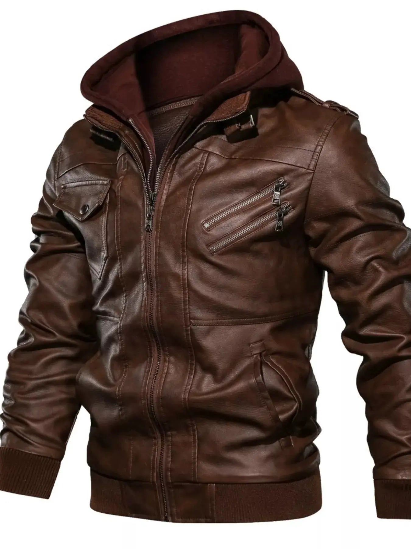 Men's Full Size Hooded Faux Leather Moto Jacket Plus Size by Partner Label