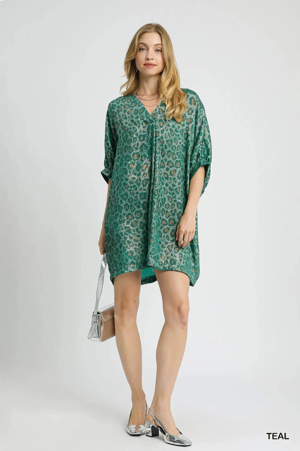 Umgee Metallic Leopard Print V-Neck Kimono Dress by Umgee
