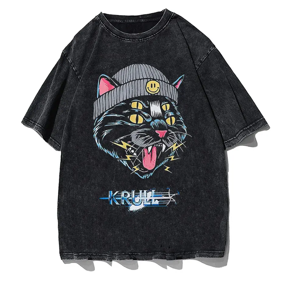 Hip Hop Oversized Cat Graphic T-Shirt Washed Cotton Streetwear Harajuku Tee by Vimost Shop
