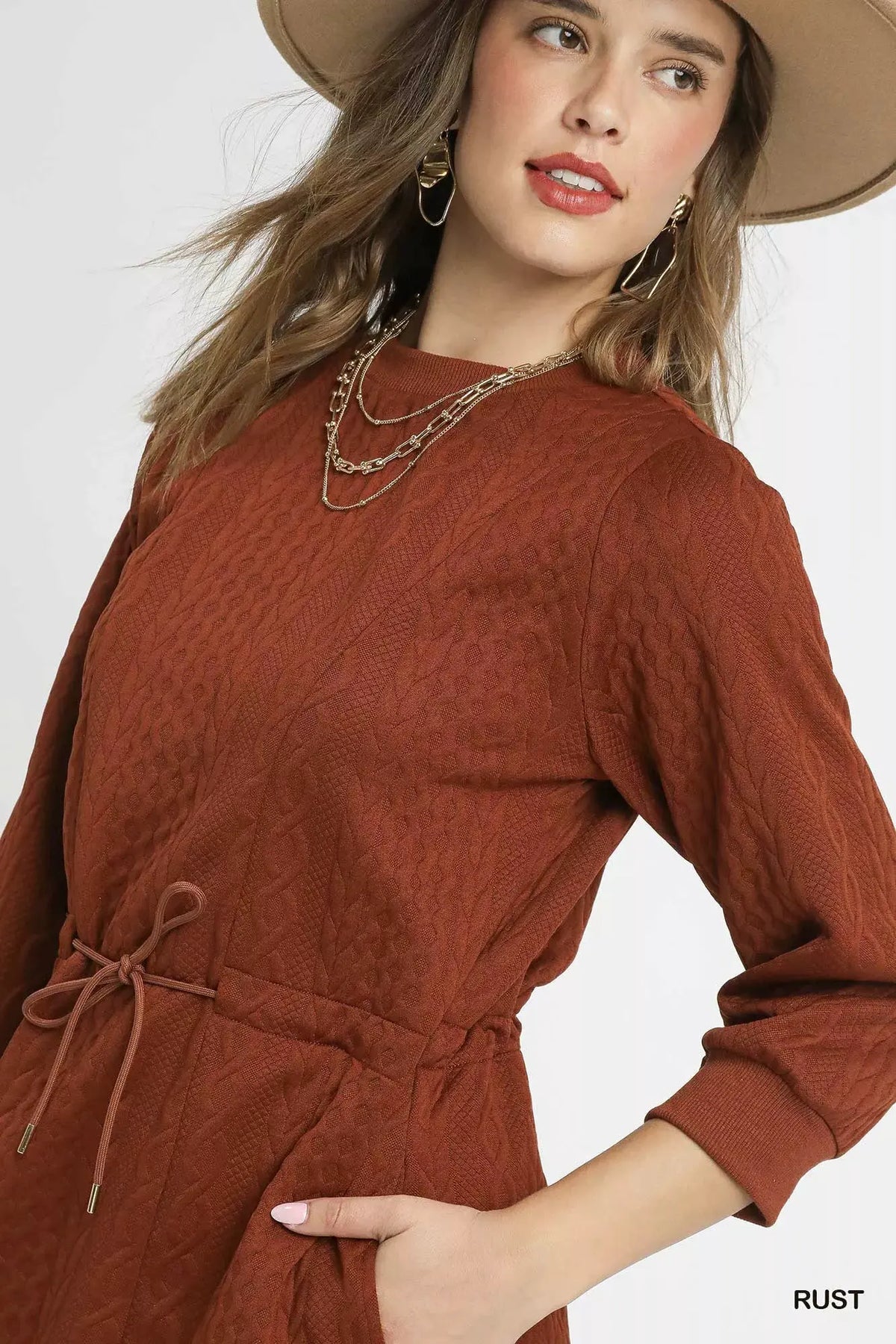 Umgee Drawstring Cable Knit Mini Dress with Pockets by Umgee