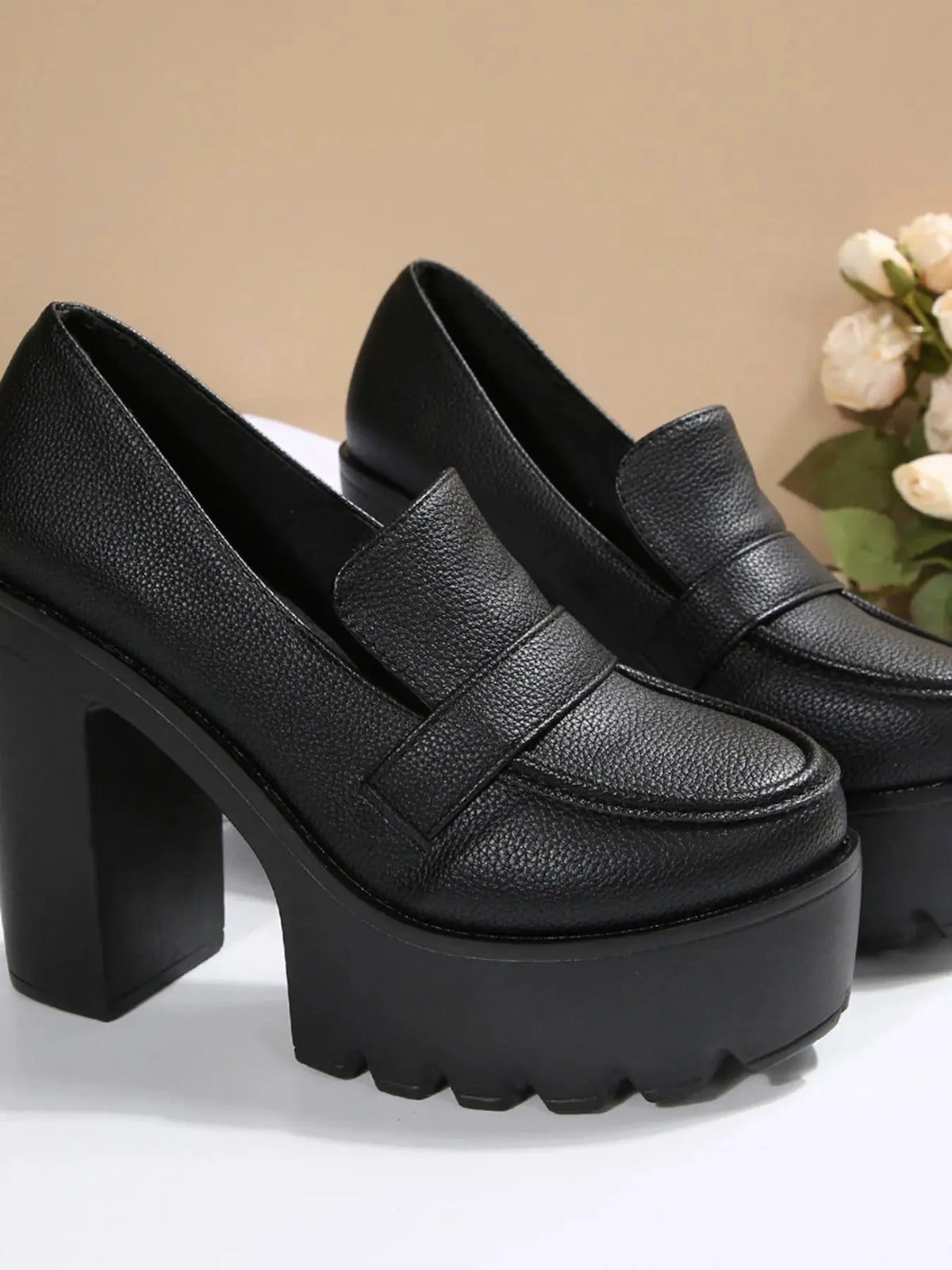 Round Toe Platform Block Heels Pumps by Partner Label