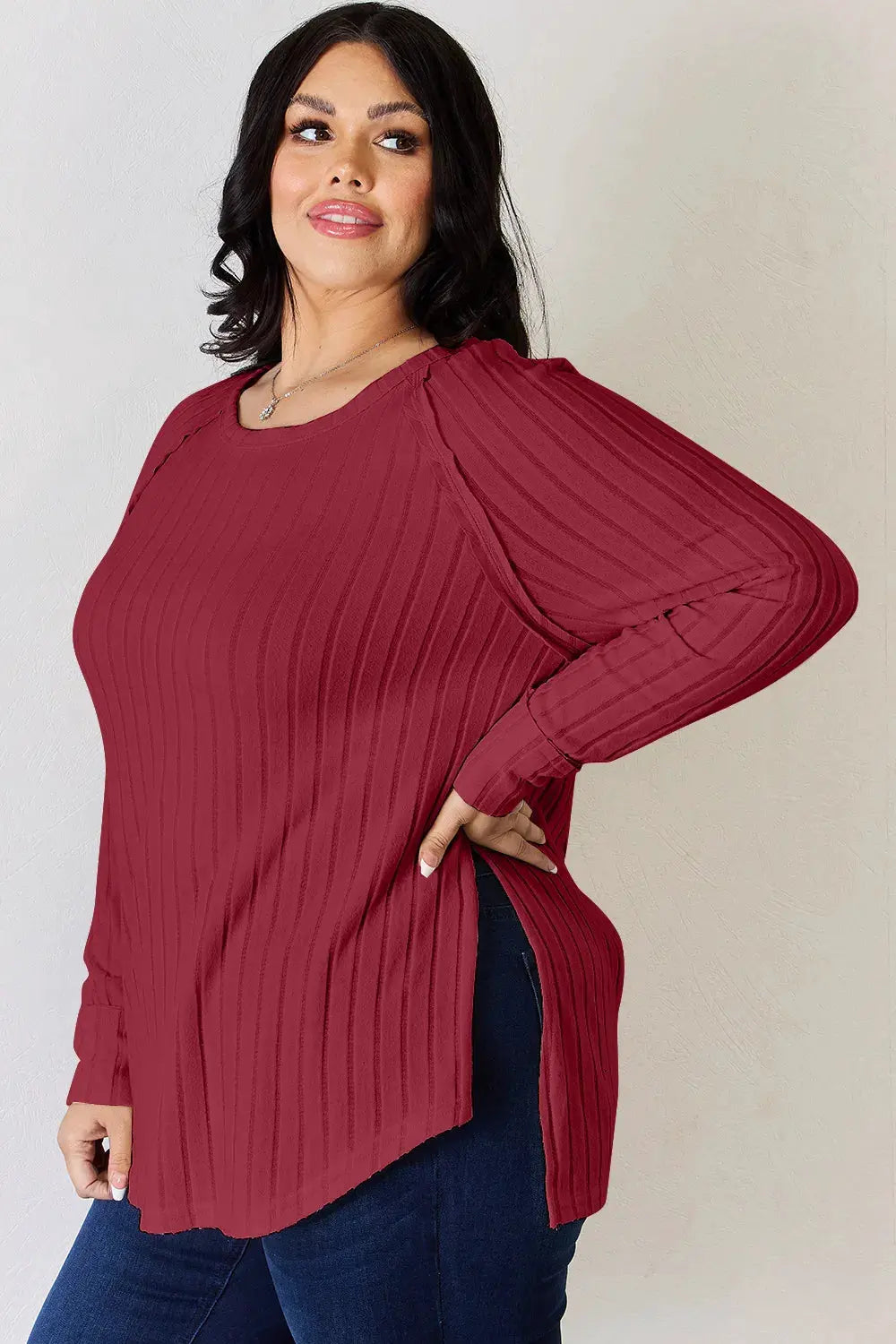 Basic Bae Full Size Ribbed Round Neck Slit T‑Shirt | Partner Labels Selection by Partner Label