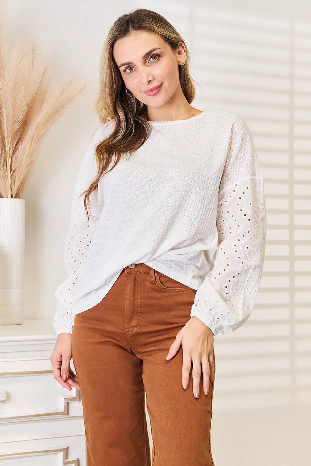 Shiny Eyelet Dropped Shoulder Round Neck Blouse by Shiny