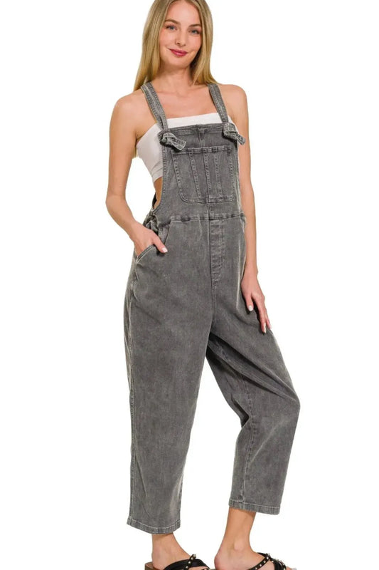 Zenana Washed Knot Strap Relaxed Fit Overalls by Zenana
