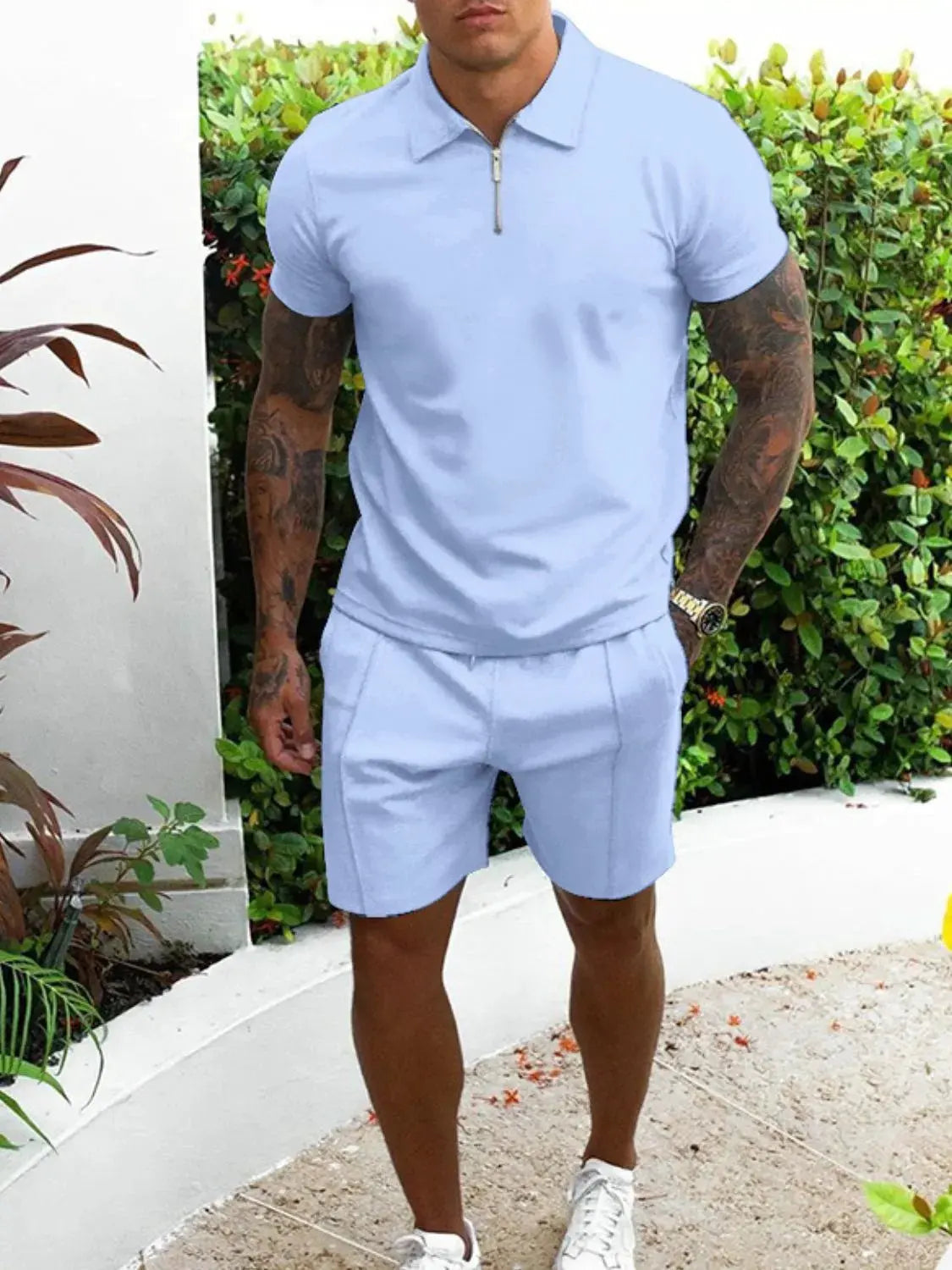 Men's Full Size Collared Neck Short Sleeve Top and Shorts Set Plus Size by Trendsi