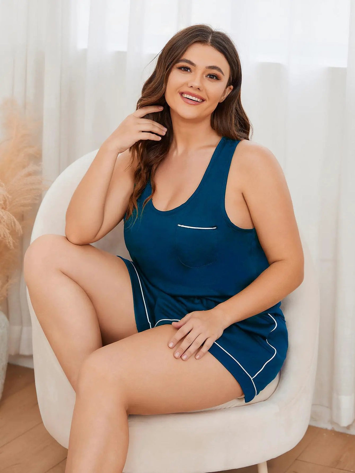 Plus Size Contrast Piping Racerback Tank and Shorts Lounge Set by Partner Label