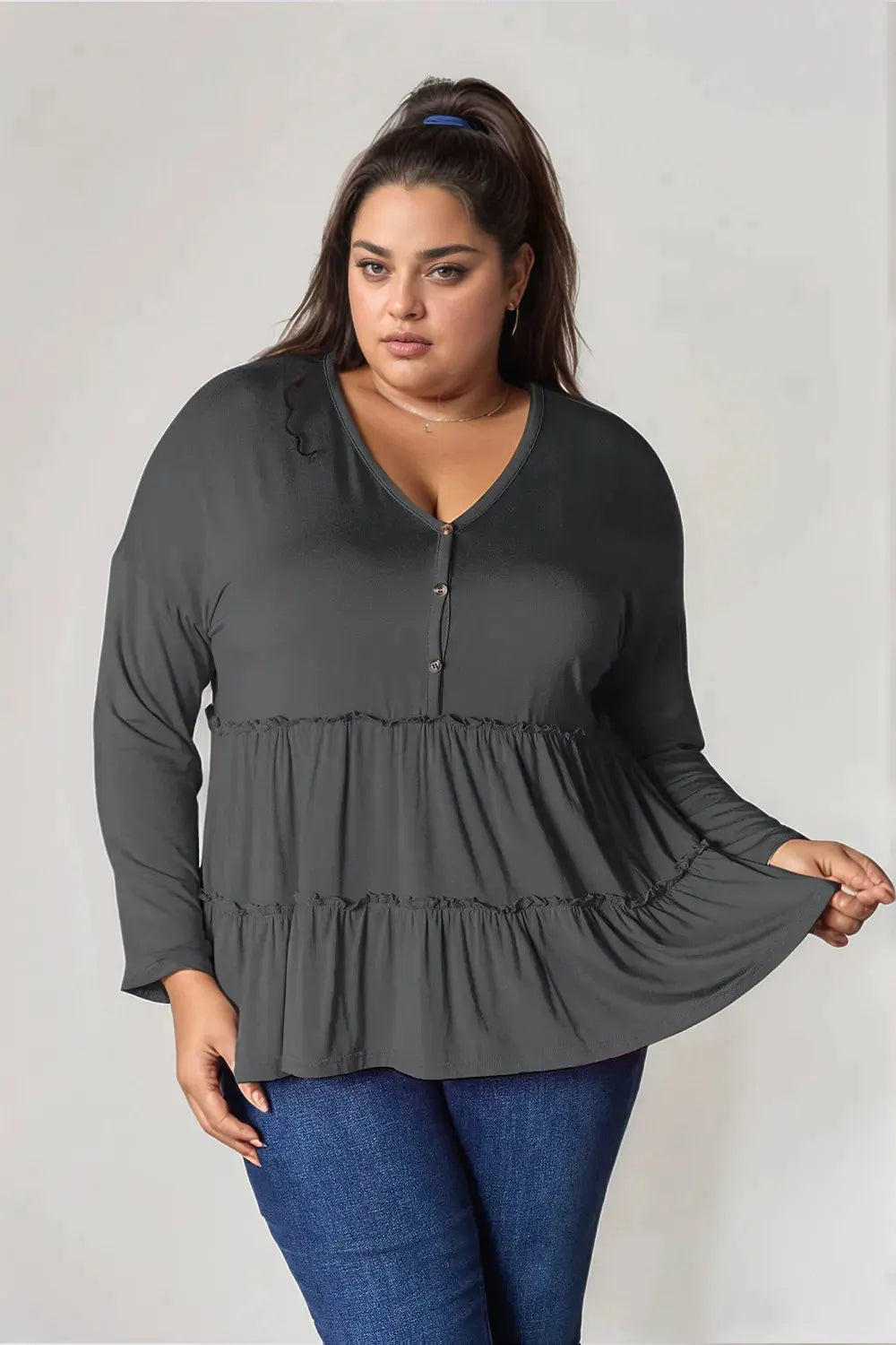 Double Take Half Button Long Sleeve Ruffle Hem Blouse by Double Take