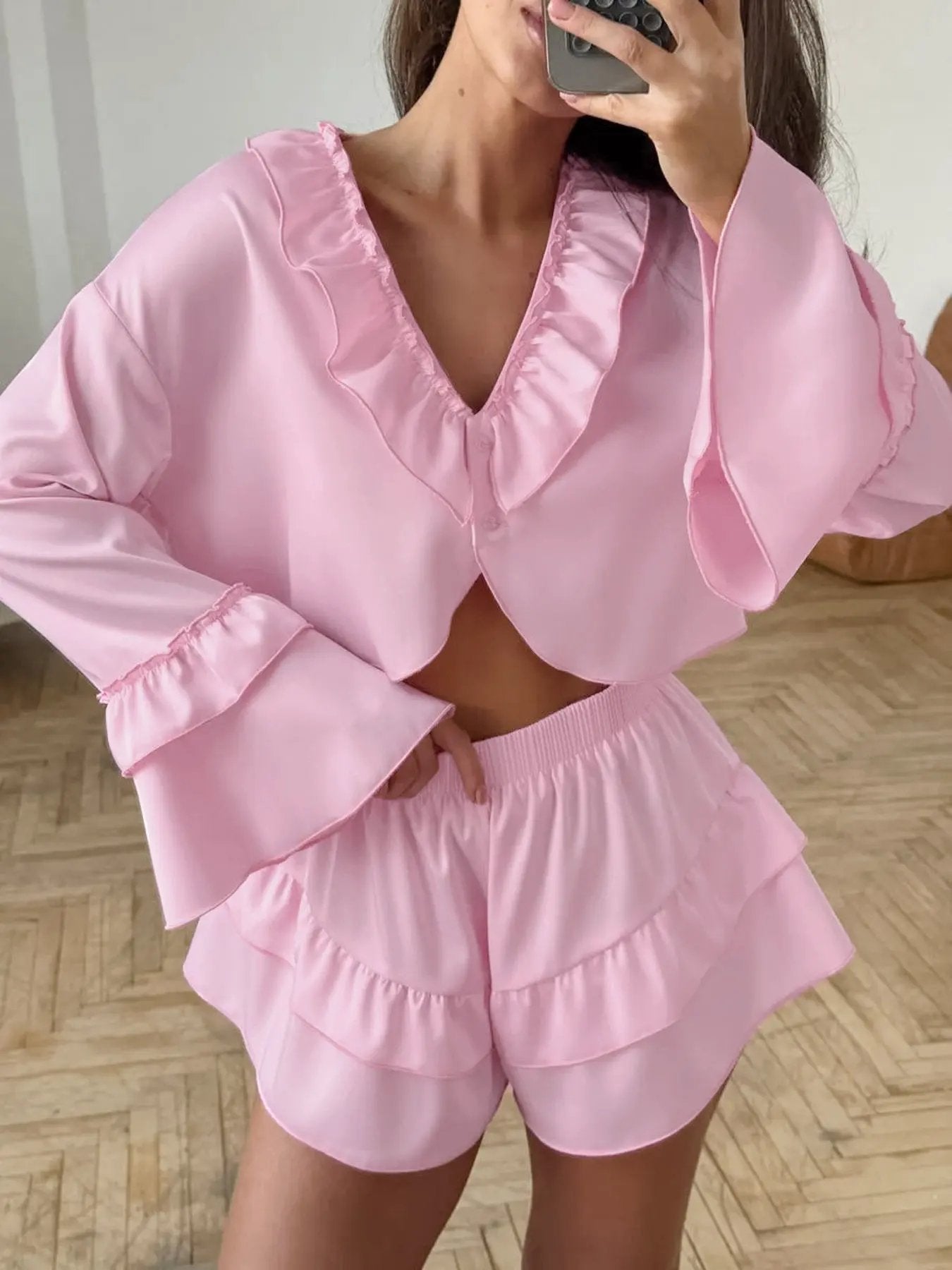 Ruffled V-Neck Top and Shorts Set by Partner Label