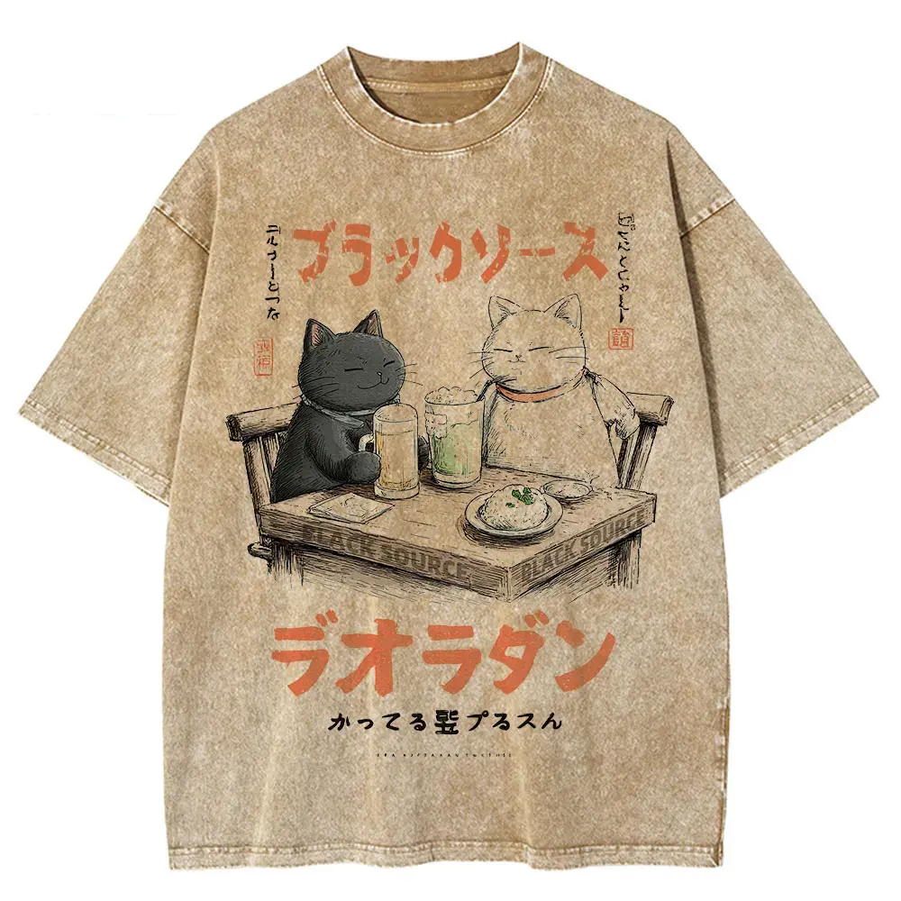 Japanese Cat Cartoon Graphic Baggy T-Shirt Men Streetwear by Vimost Shop
