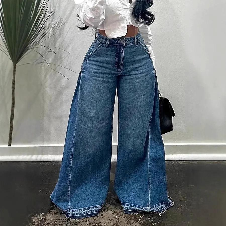 Loose Wide Leg Jeans Stitching Bell-bottom Pants Tassel Trousers by Maiden-Art