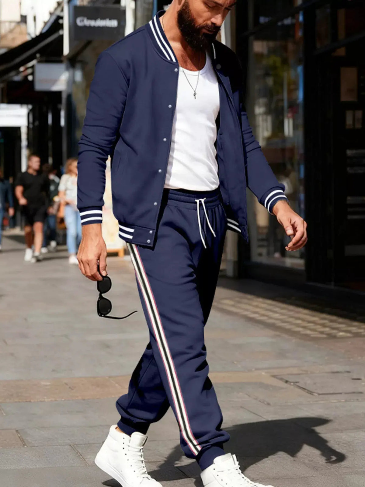 Men's Full Size Striped Snap Down Top and Pants Set Plus Size by Trendsi